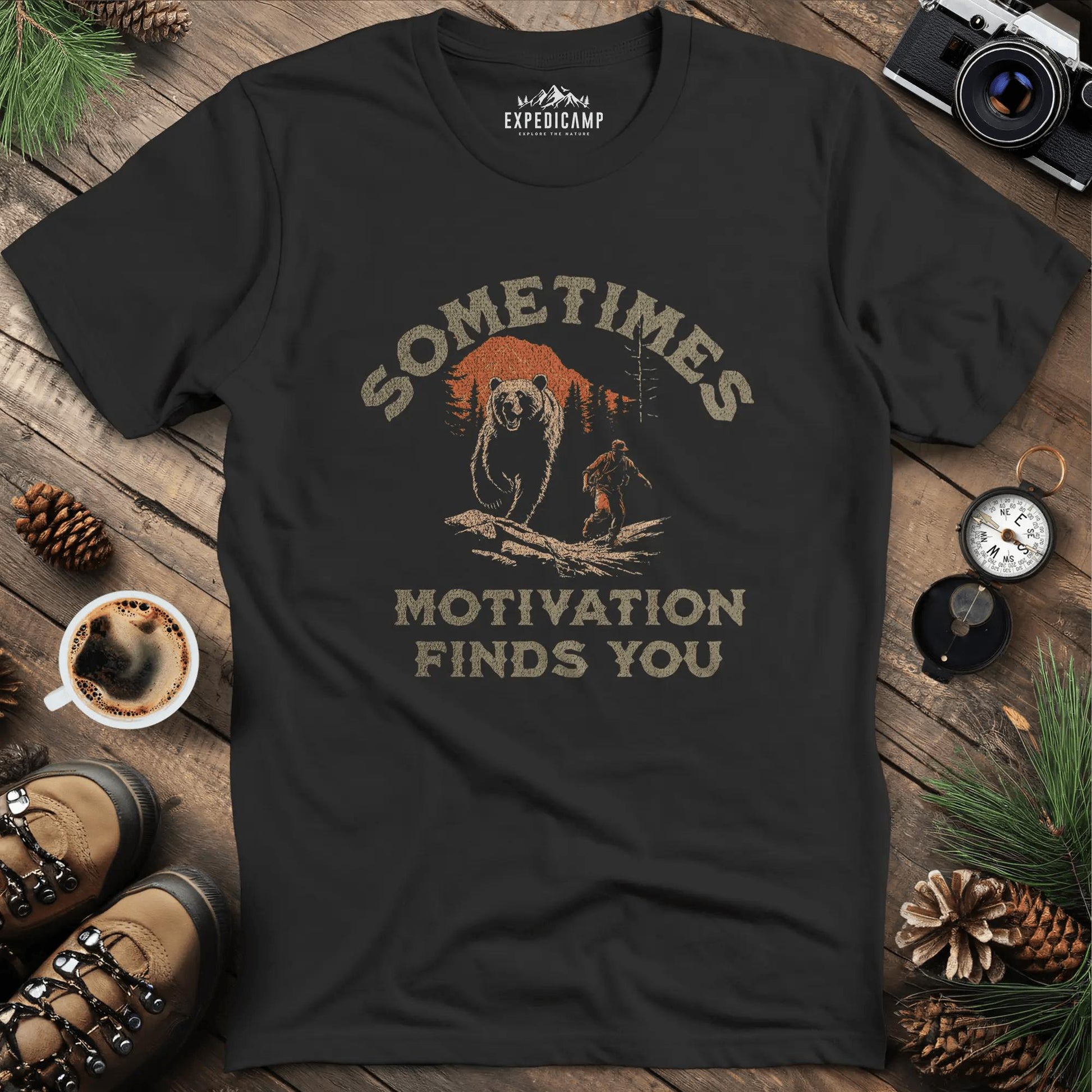 Sometimes Motivation Finds You - Running Bear T-Shirt – Black – Outdoor apparel for travel, hiking, camping, and nature lovers – ExpediCamp