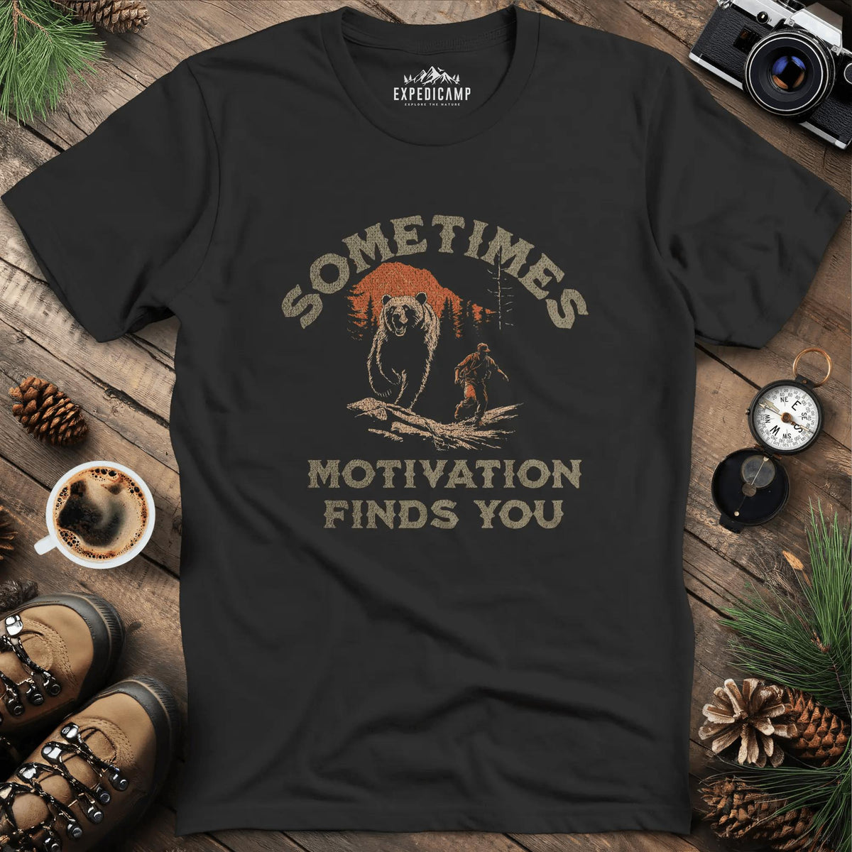 Sometimes Motivation Finds You - Running Bear T-Shirt – Black – Outdoor apparel for travel, hiking, camping, and nature lovers – ExpediCamp