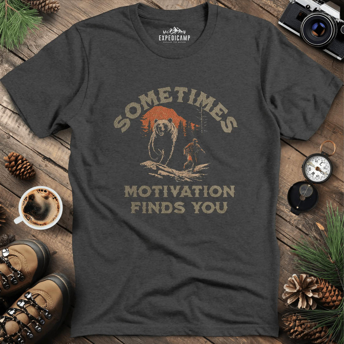 Sometimes Motivation Finds You - Running Bear T-Shirt – Dark Heather – Outdoor apparel for travel, hiking, camping, and nature lovers – ExpediCamp