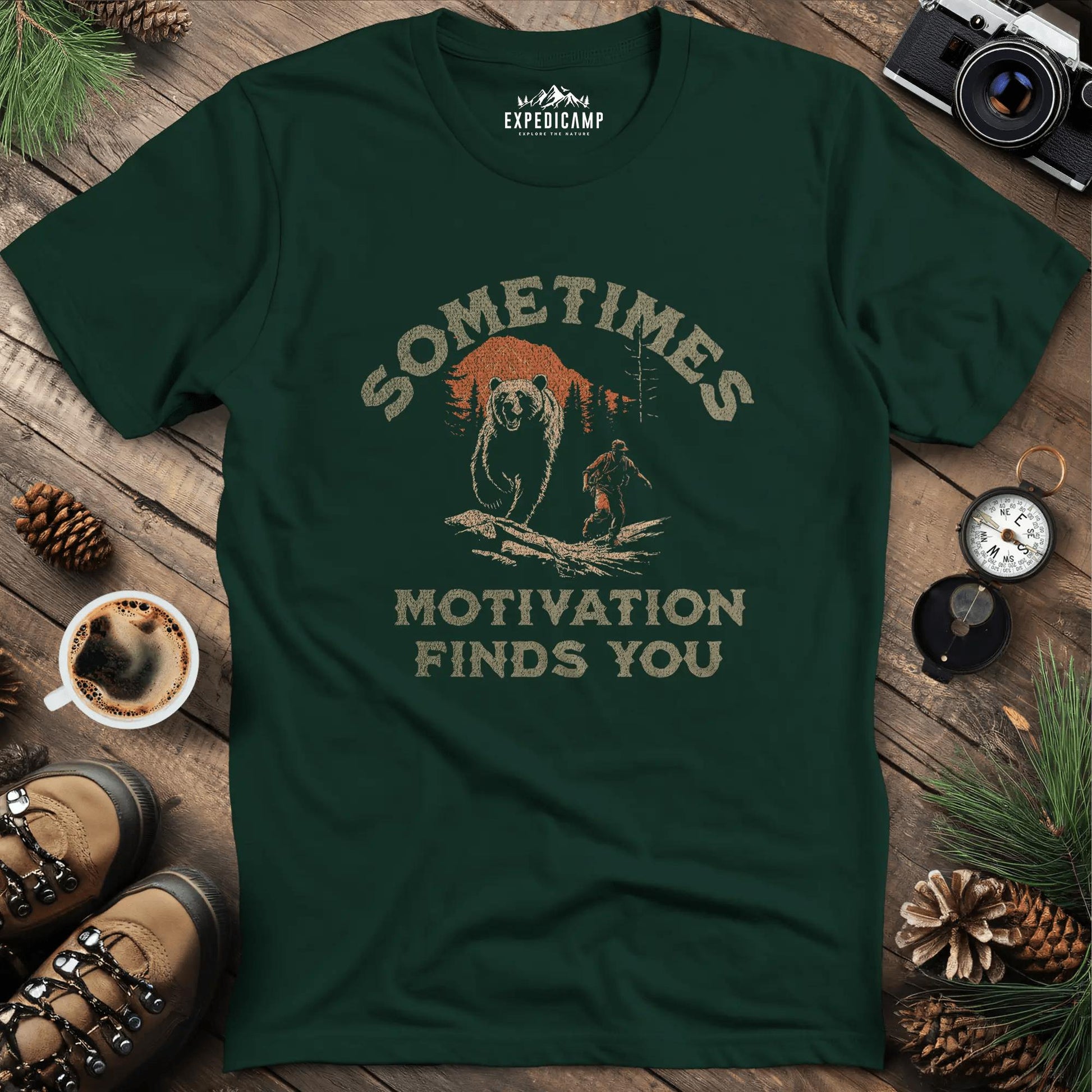 Sometimes Motivation Finds You - Running Bear T-Shirt – Forest Green – Outdoor apparel for travel, hiking, camping, and nature lovers – ExpediCamp