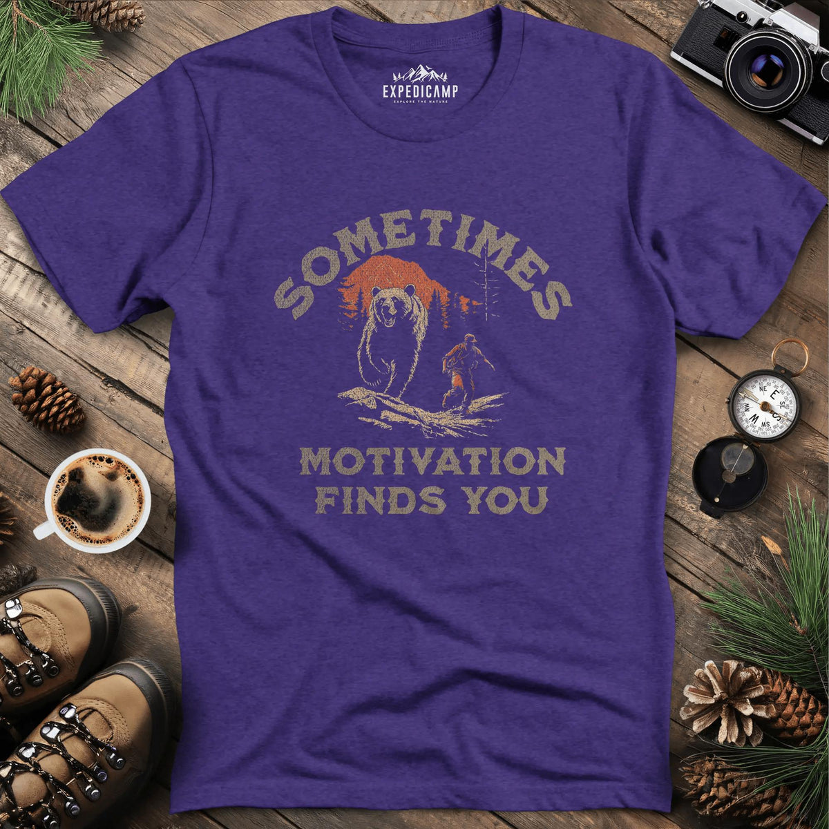 Sometimes Motivation Finds You - Running Bear T-Shirt – Heather Purple – Outdoor apparel for travel, hiking, camping, and nature lovers – ExpediCamp