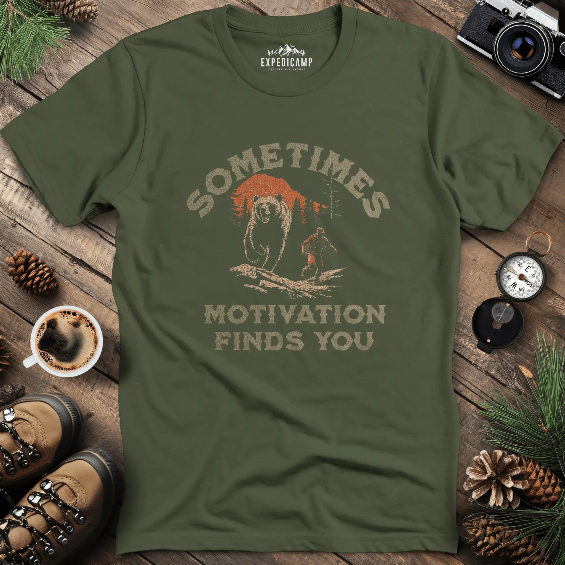 Sometimes Motivation Finds You - Running Bear T-Shirt – Military Green – Outdoor apparel for travel, hiking, camping, and nature lovers – ExpediCamp