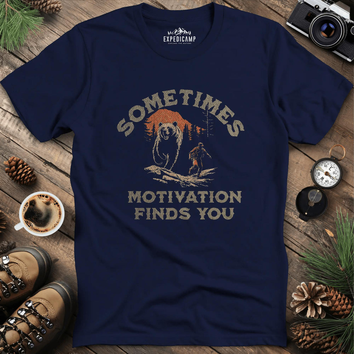 Sometimes Motivation Finds You - Running Bear T-Shirt – Navy – Outdoor apparel for travel, hiking, camping, and nature lovers – ExpediCamp
