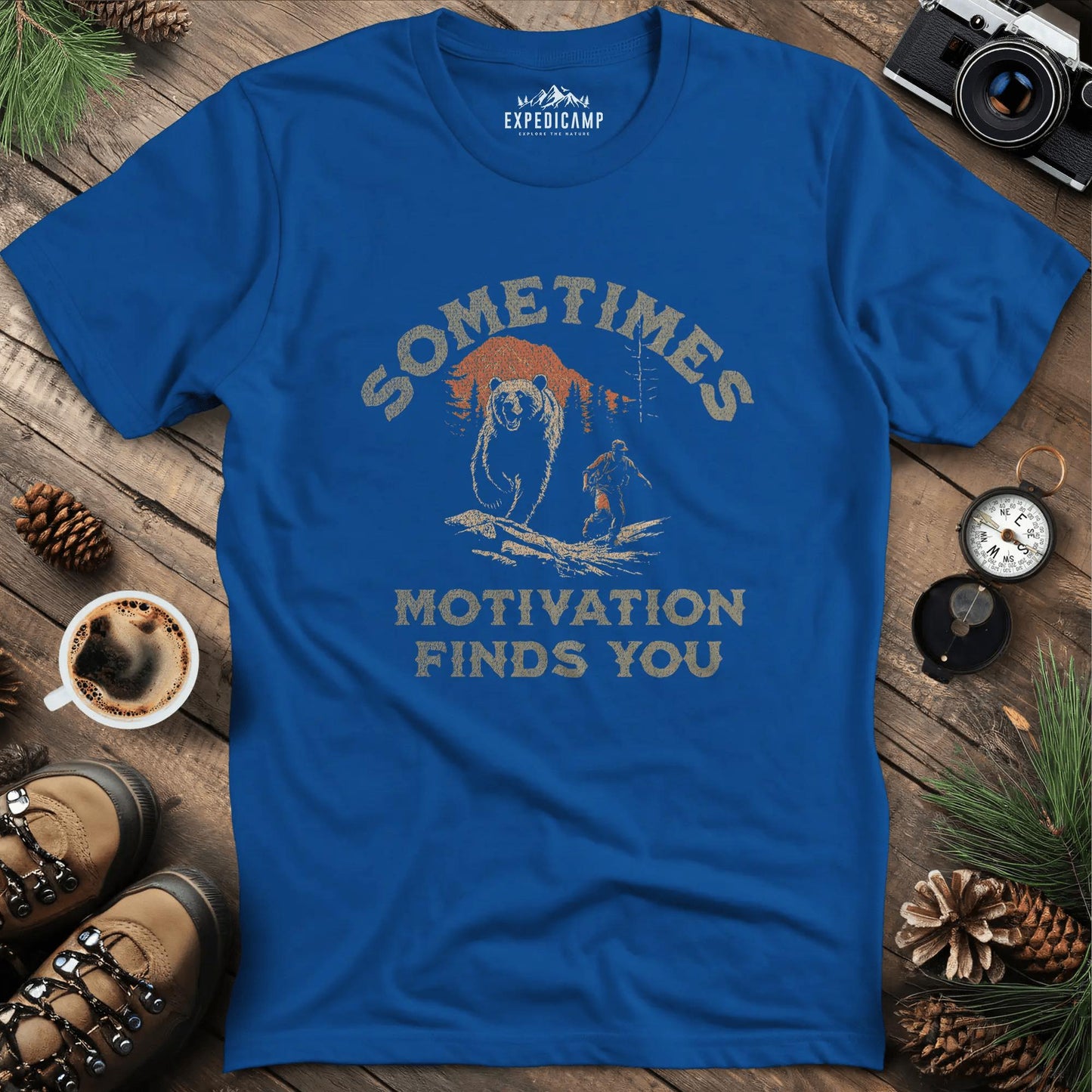 Sometimes Motivation Finds You - Running Bear T-Shirt – Royal – Outdoor apparel for travel, hiking, camping, and nature lovers – ExpediCamp