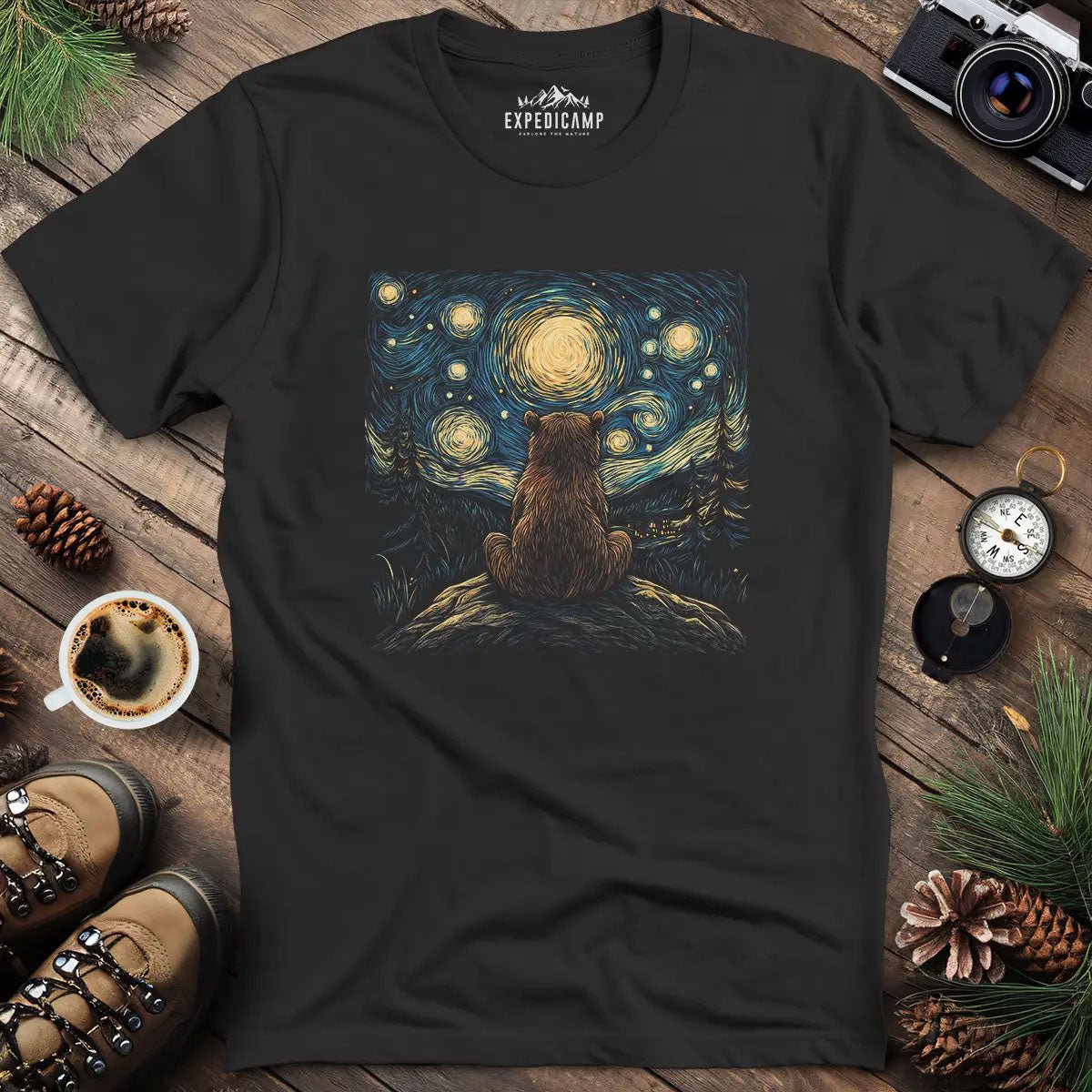 Starry Night Bear T-Shirt – Black – Outdoor apparel for travel, hiking, camping, and nature lovers – ExpediCamp