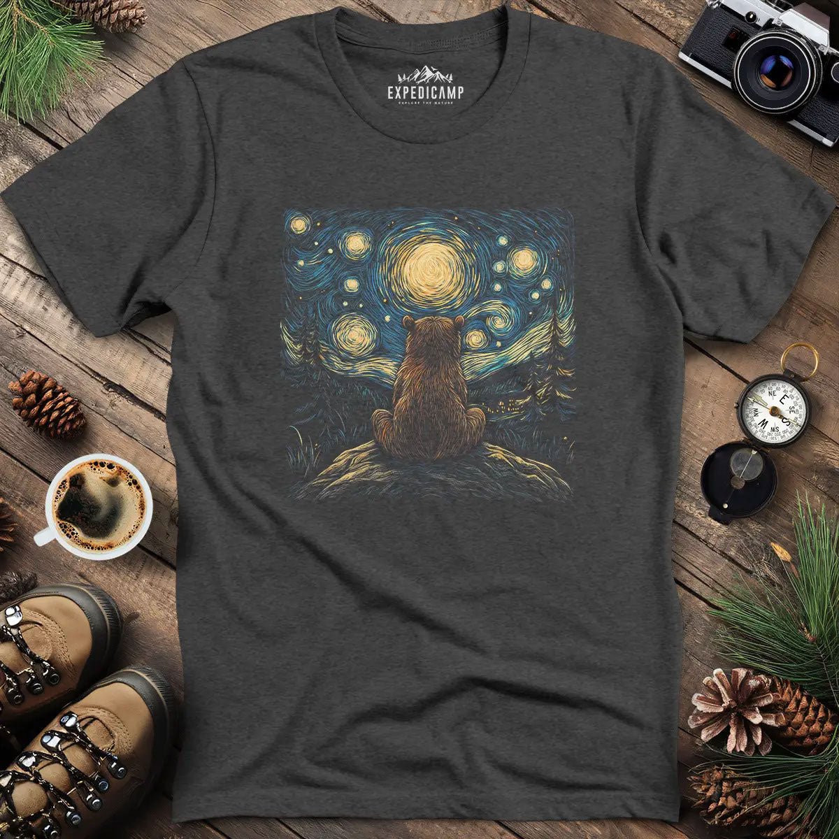 Starry Night Bear T-Shirt – Dark Heather – Outdoor apparel for travel, hiking, camping, and nature lovers – ExpediCamp