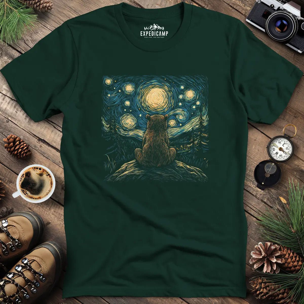 Starry Night Bear T-Shirt – Forest Green – Outdoor apparel for travel, hiking, camping, and nature lovers – ExpediCamp