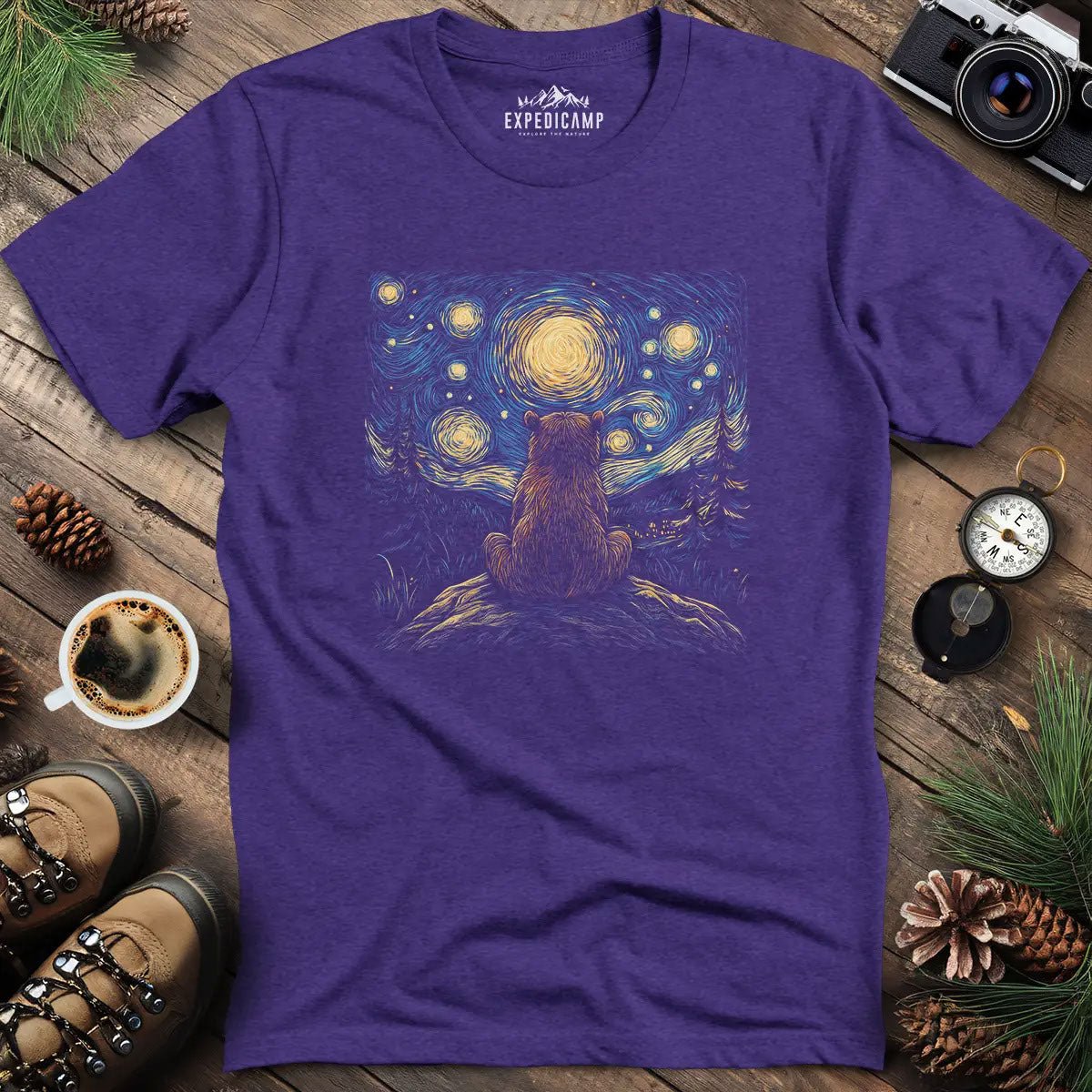 Starry Night Bear T-Shirt – Heather Purple – Outdoor apparel for travel, hiking, camping, and nature lovers – ExpediCamp
