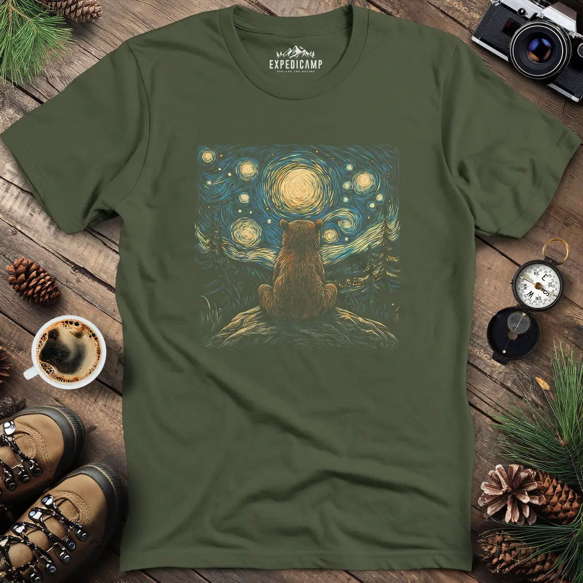 Starry Night Bear T-Shirt – Military Green – Outdoor apparel for travel, hiking, camping, and nature lovers – ExpediCamp