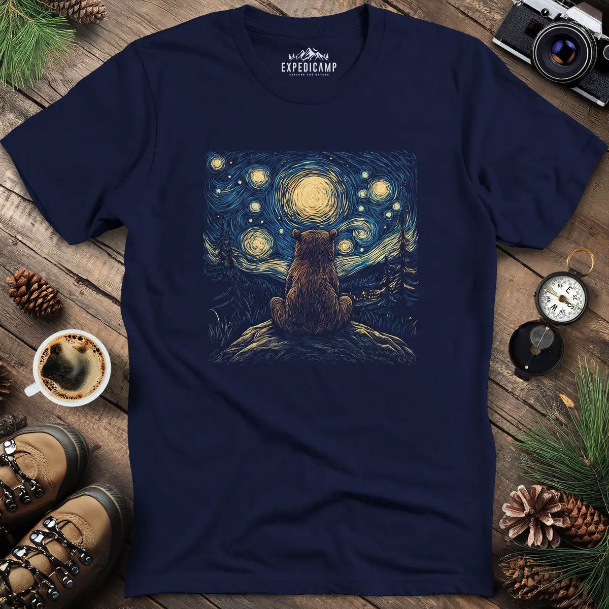 Starry Night Bear T-Shirt – Navy – Outdoor apparel for travel, hiking, camping, and nature lovers – ExpediCamp