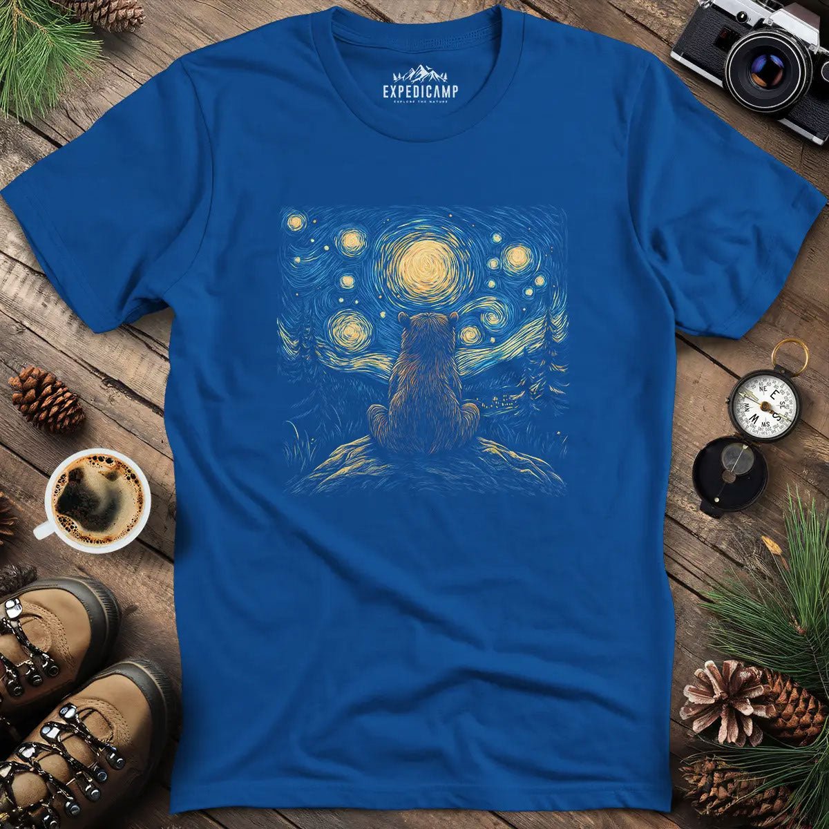 Starry Night Bear T-Shirt – Royal – Outdoor apparel for travel, hiking, camping, and nature lovers – ExpediCamp