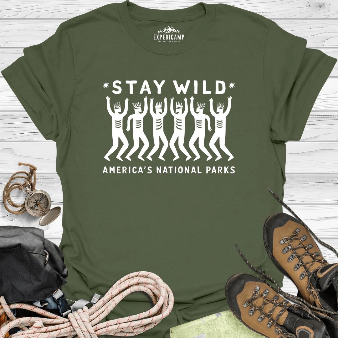 Stay Wild America's National Parks T-Shirt – Military Green – Outdoor apparel for travel, hiking, camping, and nature lovers – ExpediCamp