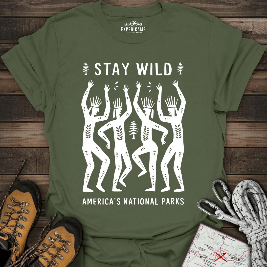 Stay Wild America's National Parks T-Shirt – Military Green – Outdoor apparel for travel, hiking, camping, and nature lovers – ExpediCamp