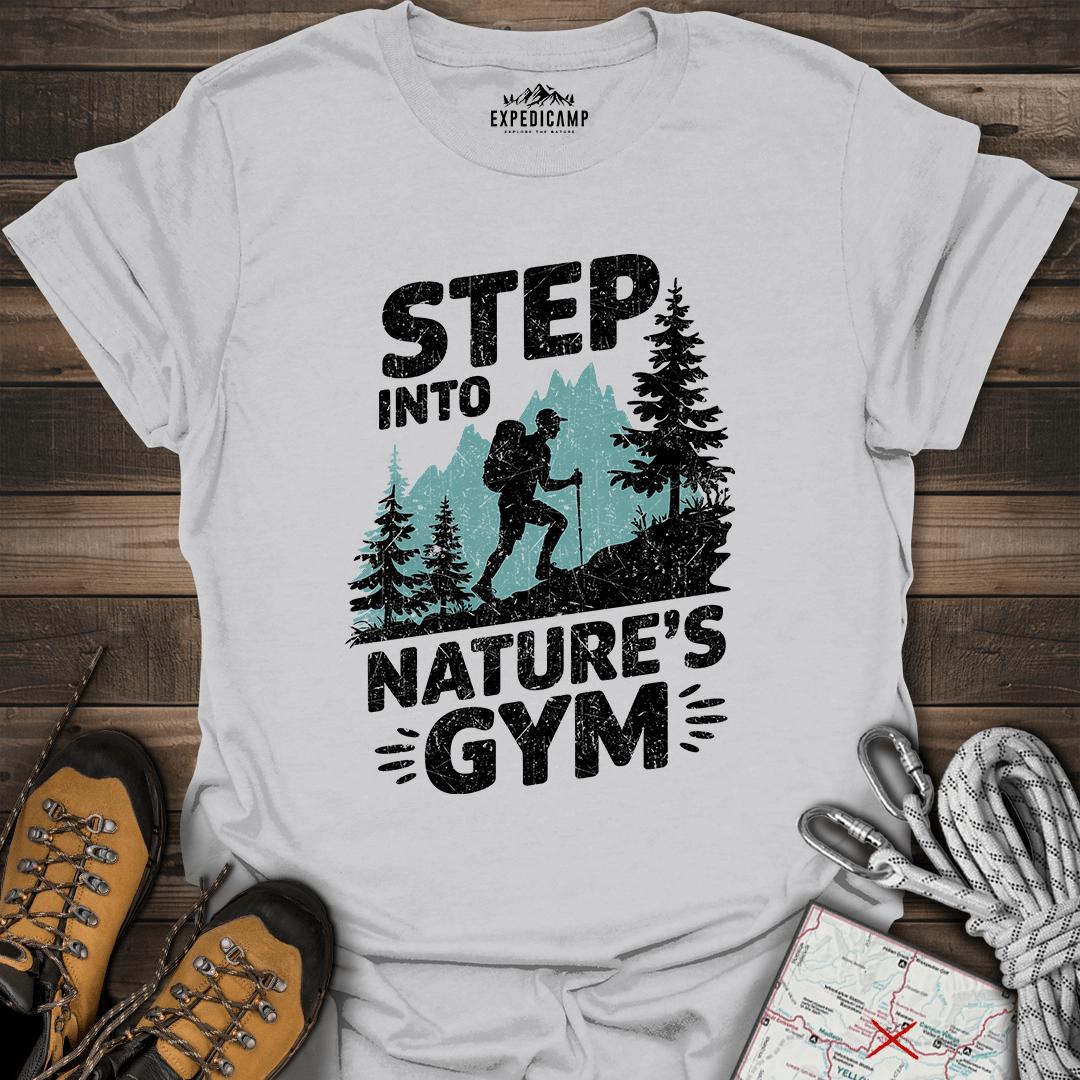 Step Into Nature's Gym T-Shirt – Ice Grey – Outdoor apparel for travel, hiking, camping, and nature lovers – ExpediCamp