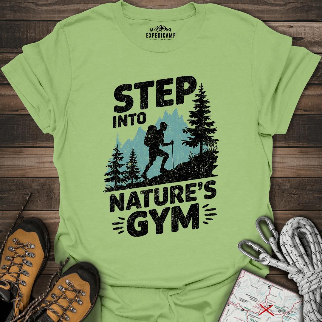 Step Into Nature's Gym T-Shirt – Kiwi – Outdoor apparel for travel, hiking, camping, and nature lovers – ExpediCamp