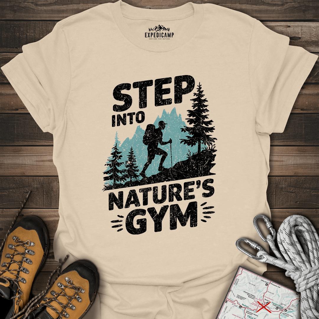 Step Into Nature's Gym T-Shirt – Sand – Outdoor apparel for travel, hiking, camping, and nature lovers – ExpediCamp