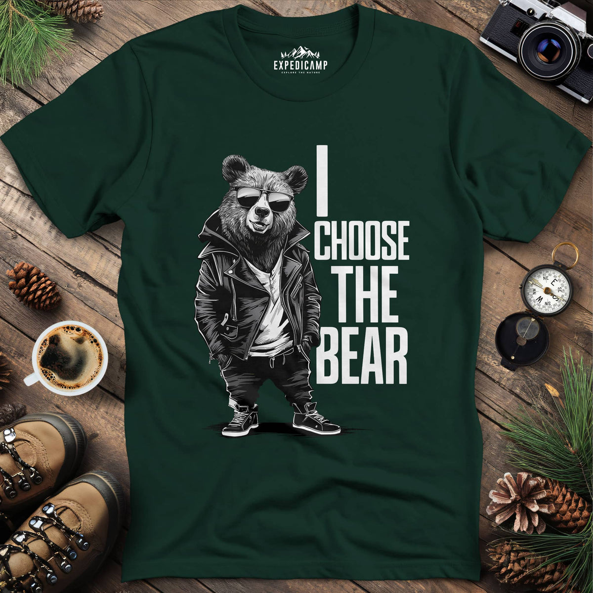Street Style Bear in Jacket T-Shirt – Forest Green – Outdoor apparel for travel, hiking, camping, and nature lovers – ExpediCamp