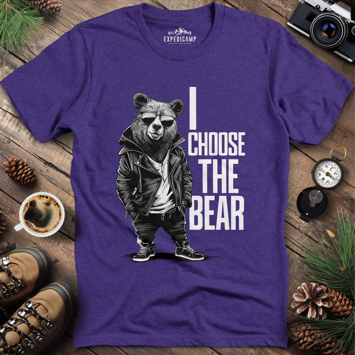 Street Style Bear in Jacket T-Shirt – Heather Purple – Outdoor apparel for travel, hiking, camping, and nature lovers – ExpediCamp