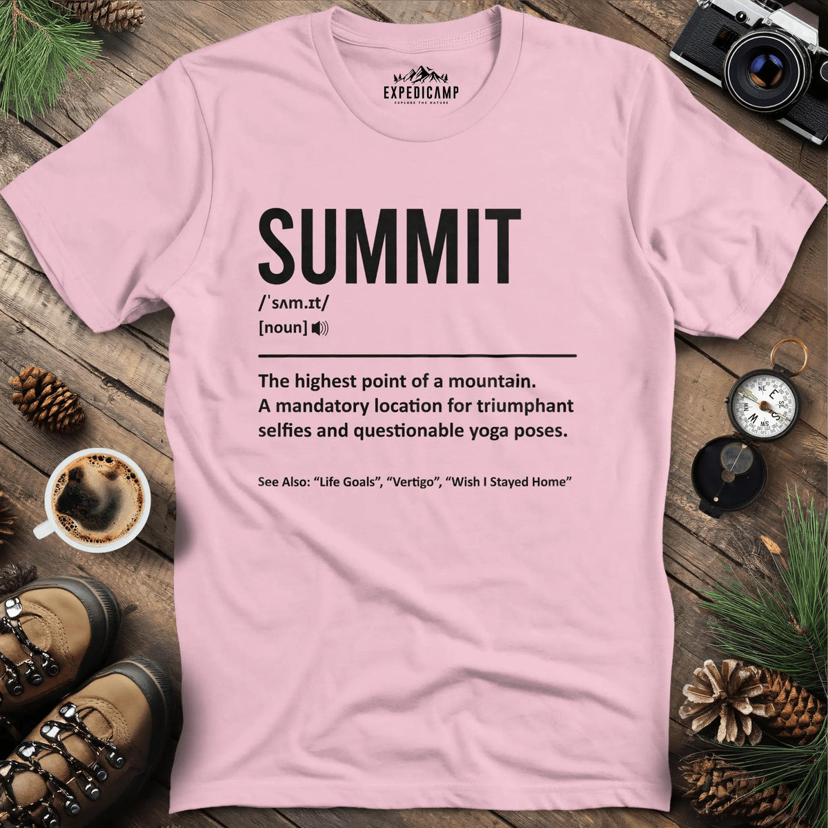 Summit Definition T-Shirt – Light Pink – Outdoor apparel for travel, hiking, camping, and nature lovers – ExpediCamp