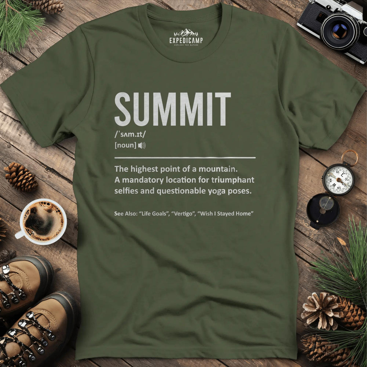 Summit Definition T-Shirt – Military Green – Outdoor apparel for travel, hiking, camping, and nature lovers – ExpediCamp