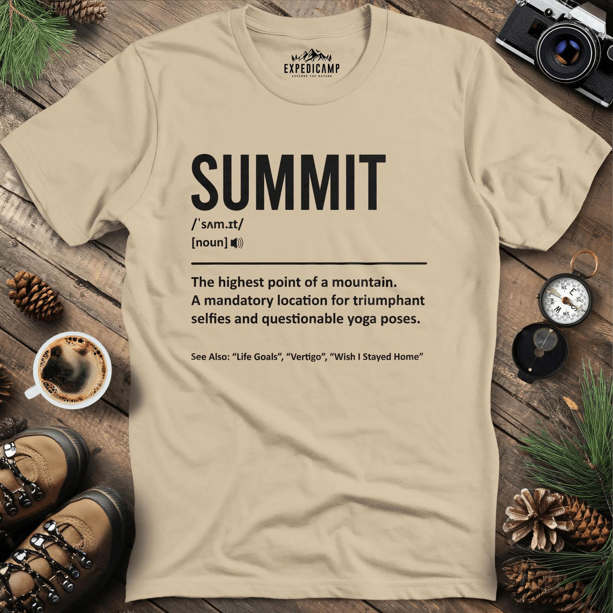 Summit Definition T-Shirt – Sand – Outdoor apparel for travel, hiking, camping, and nature lovers – ExpediCamp
