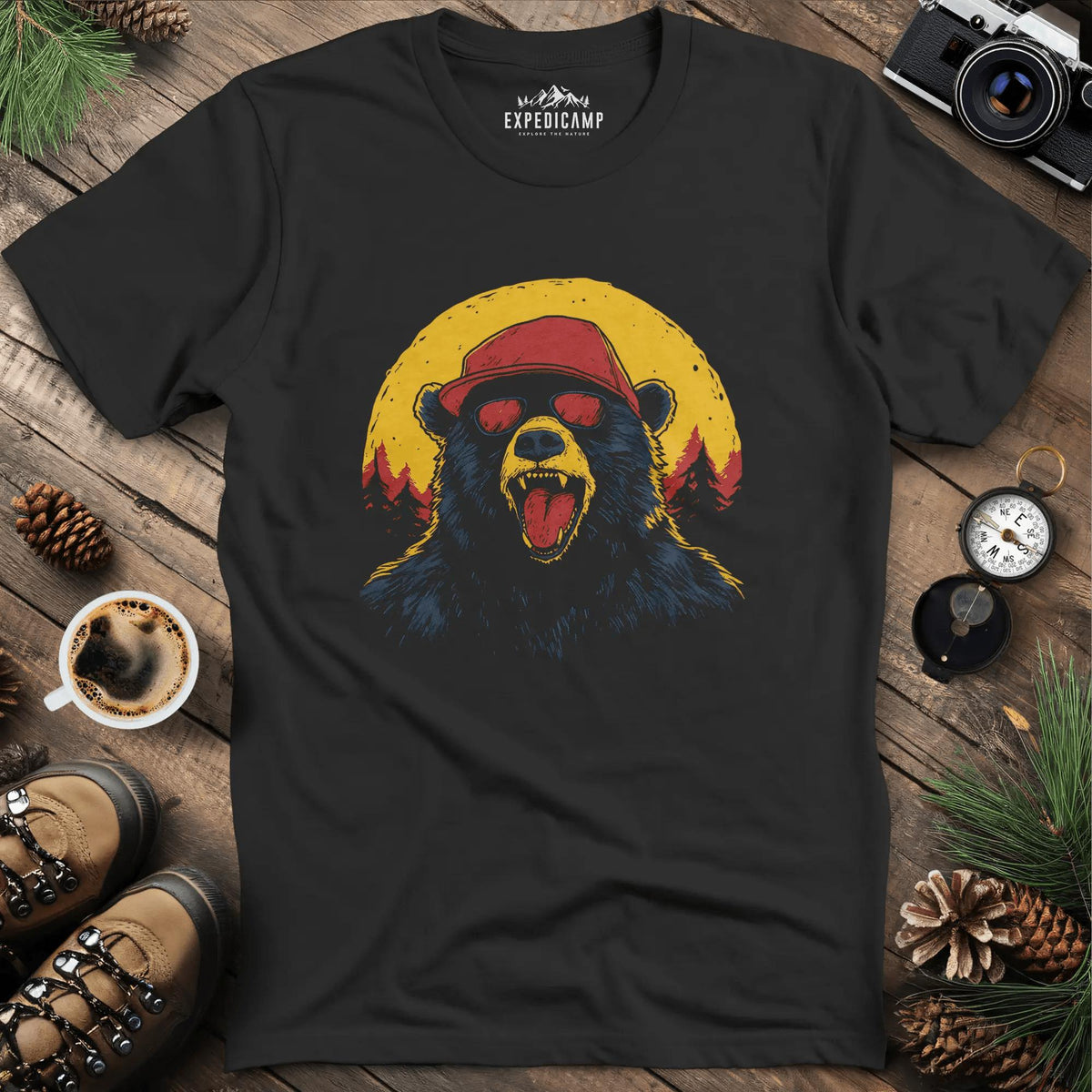 Sunglasses Bear T-Shirt – Cool Bear in the Wild Design – Black – Outdoor apparel for travel, hiking, camping, and nature lovers – ExpediCamp