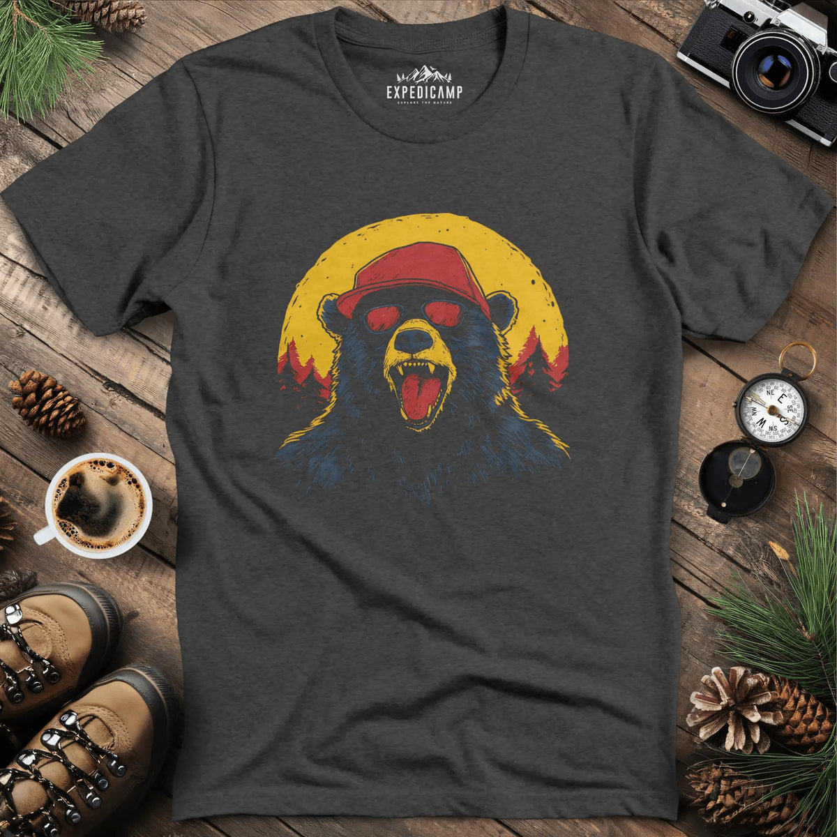 Sunglasses Bear T-Shirt – Cool Bear in the Wild Design – Dark Heather – Outdoor apparel for travel, hiking, camping, and nature lovers – ExpediCamp