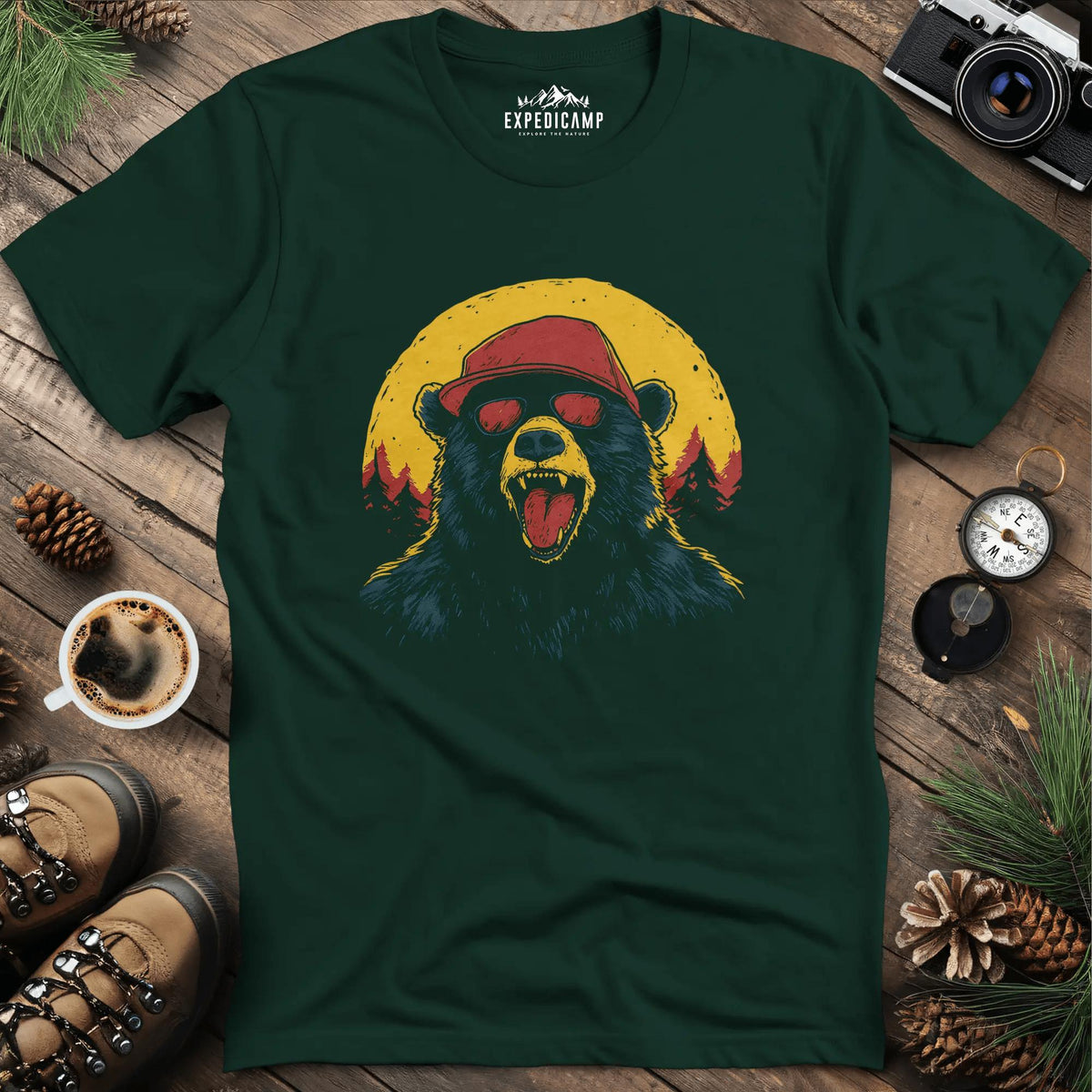 Sunglasses Bear T-Shirt – Cool Bear in the Wild Design – Forest Green – Outdoor apparel for travel, hiking, camping, and nature lovers – ExpediCamp