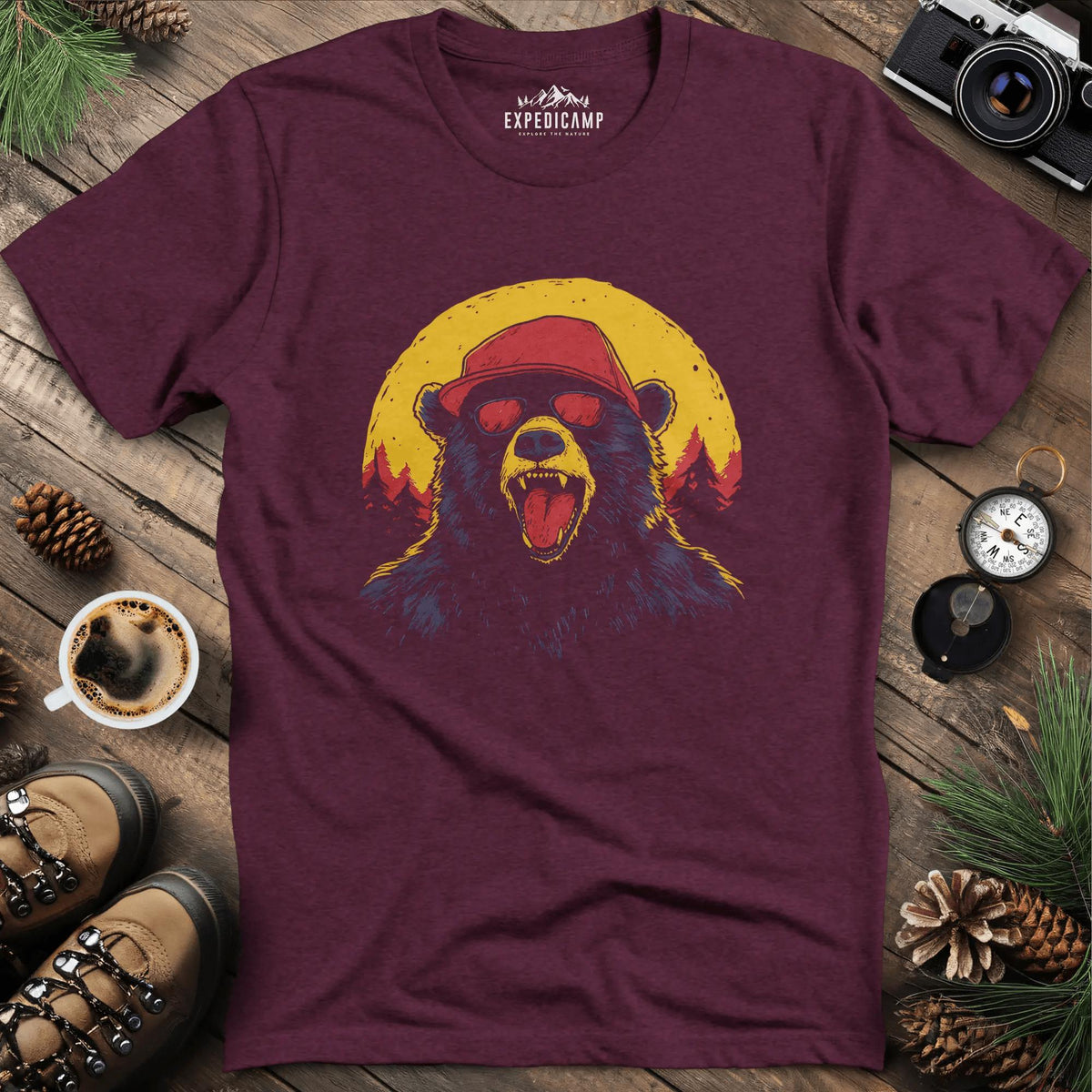 Sunglasses Bear T-Shirt – Cool Bear in the Wild Design – Heather Maroon – Outdoor apparel for travel, hiking, camping, and nature lovers – ExpediCamp