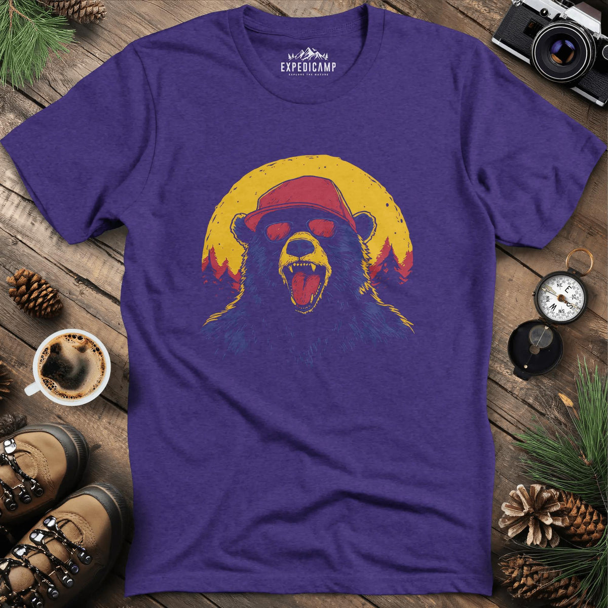 Sunglasses Bear T-Shirt – Cool Bear in the Wild Design – Heather Purple – Outdoor apparel for travel, hiking, camping, and nature lovers – ExpediCamp