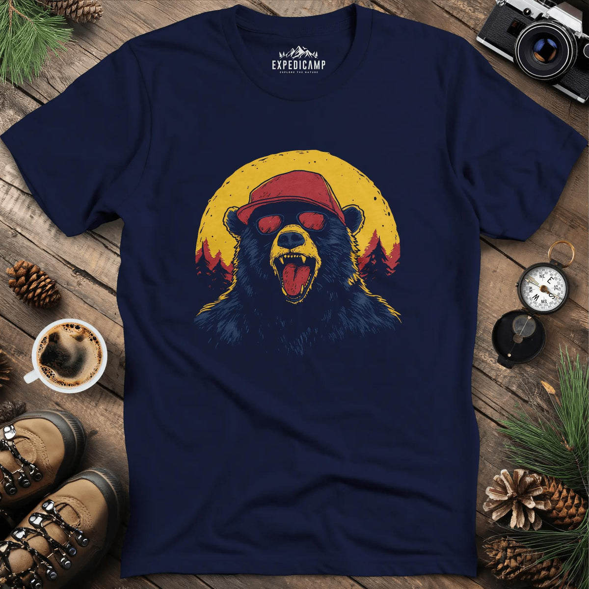 Sunglasses Bear T-Shirt – Cool Bear in the Wild Design – Navy – Outdoor apparel for travel, hiking, camping, and nature lovers – ExpediCamp