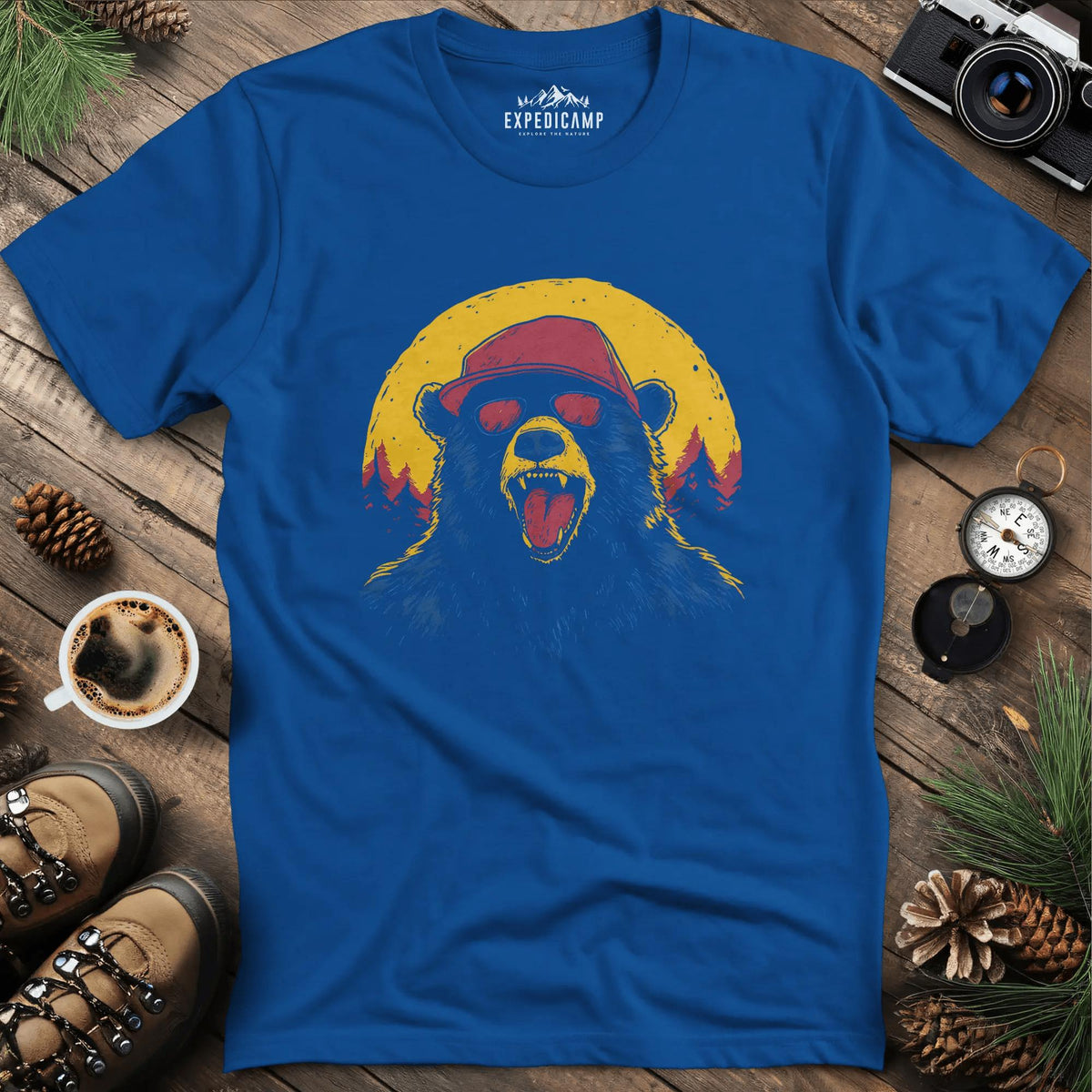 Sunglasses Bear T-Shirt – Cool Bear in the Wild Design – Royal – Outdoor apparel for travel, hiking, camping, and nature lovers – ExpediCamp