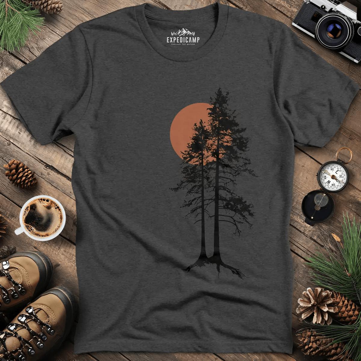 Sunset Forest Silhouette T-Shirt – Dark Heather – Outdoor apparel for travel, hiking, camping, and nature lovers – ExpediCamp