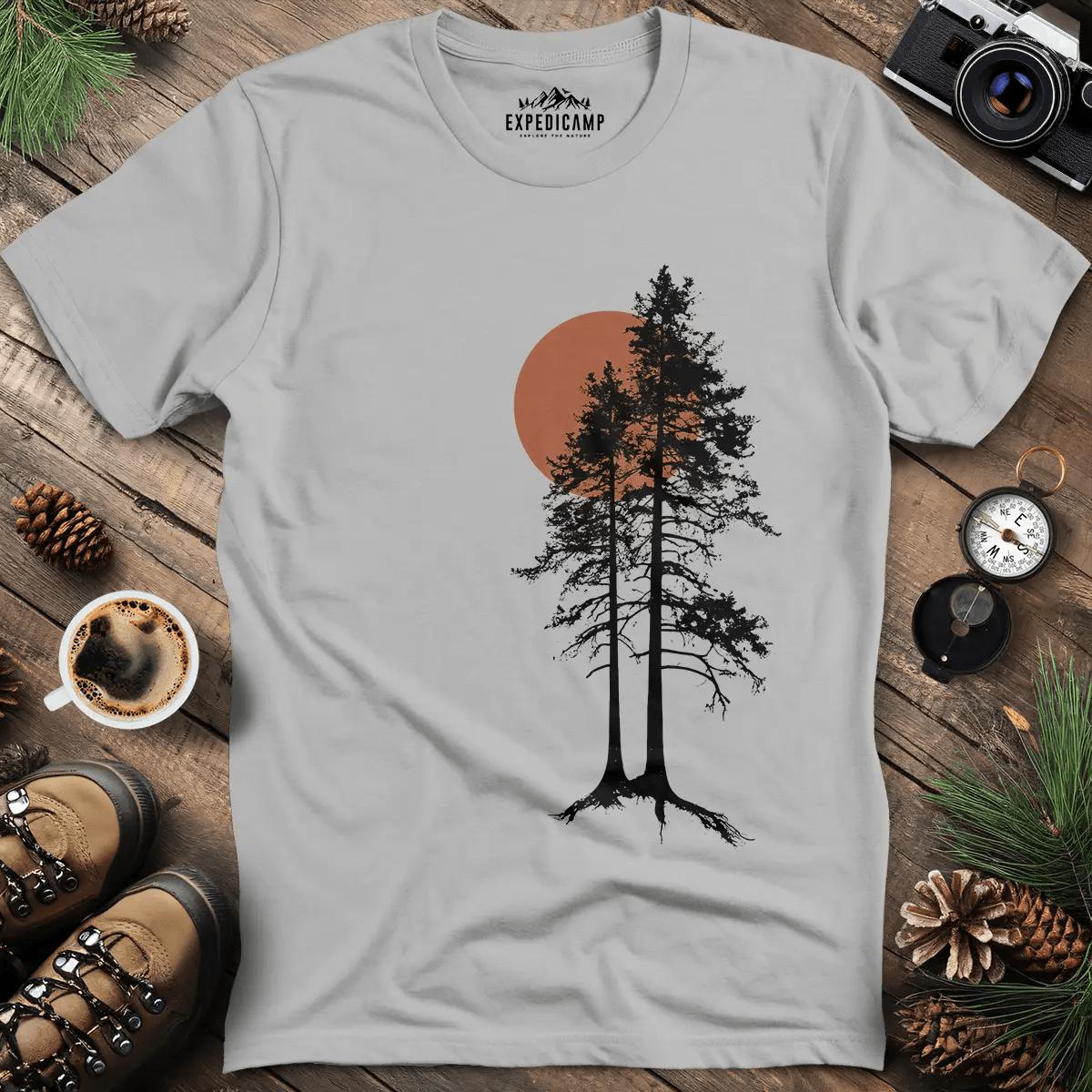 Sunset Forest Silhouette T-Shirt – Ice Grey – Outdoor apparel for travel, hiking, camping, and nature lovers – ExpediCamp