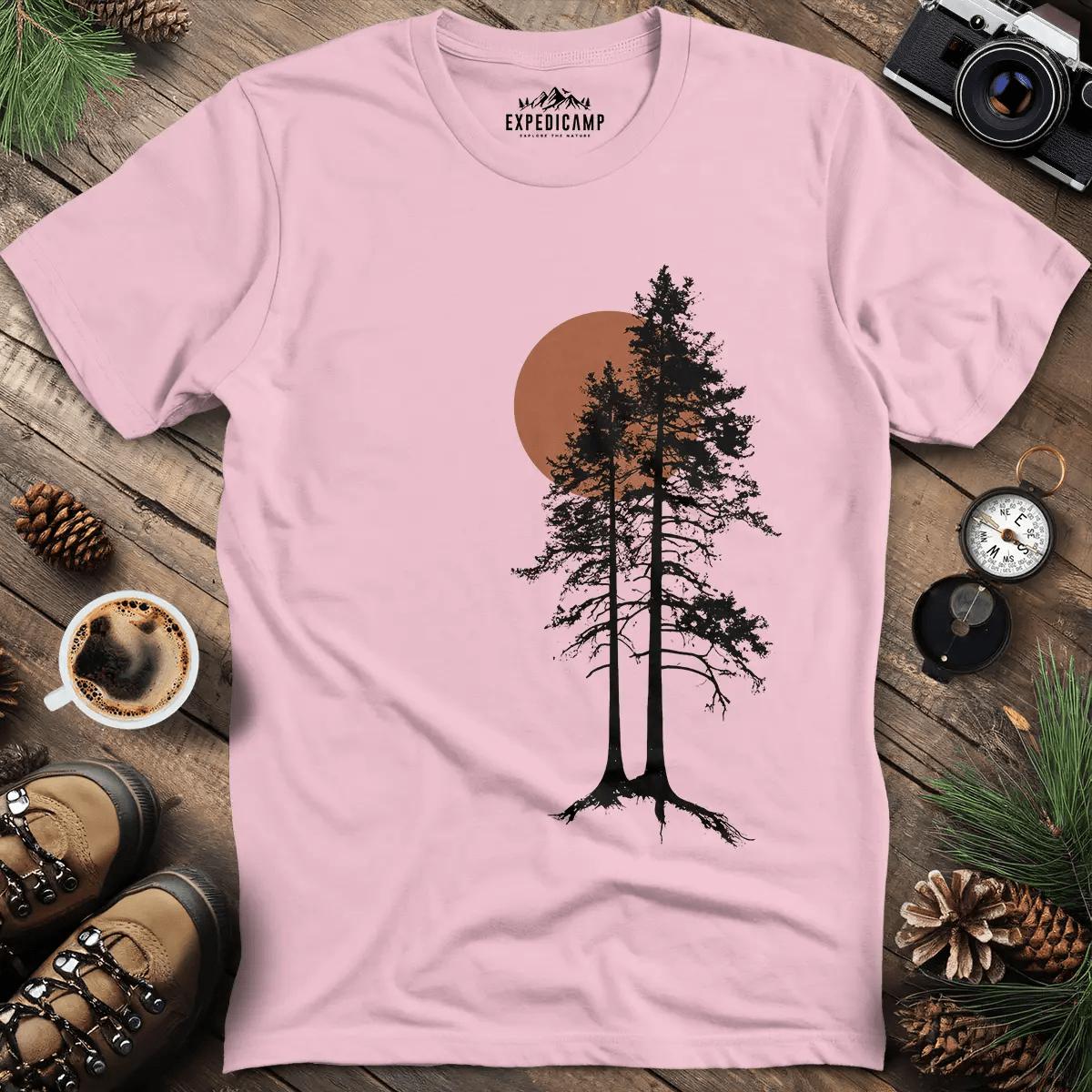 Sunset Forest Silhouette T-Shirt – Light Pink – Outdoor apparel for travel, hiking, camping, and nature lovers – ExpediCamp