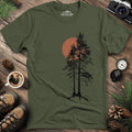 Sunset Forest Silhouette T-Shirt – Military Green – Outdoor apparel for travel, hiking, camping, and nature lovers – ExpediCamp
