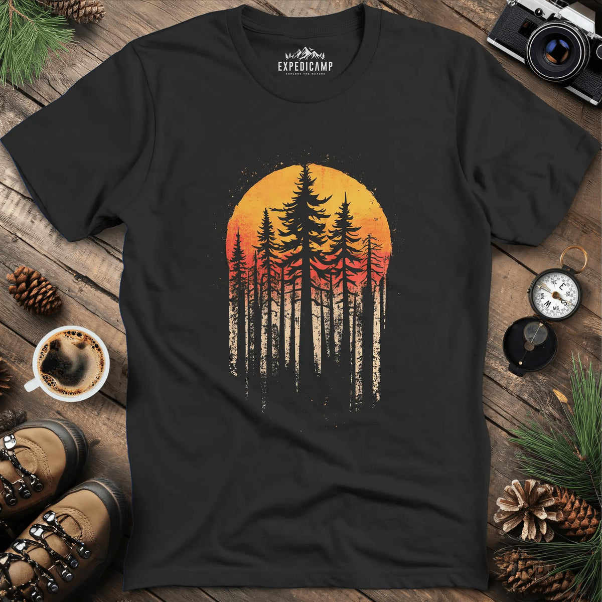 Sunset Forest T-Shirt – Black – Outdoor apparel for travel, hiking, camping, and nature lovers – ExpediCamp