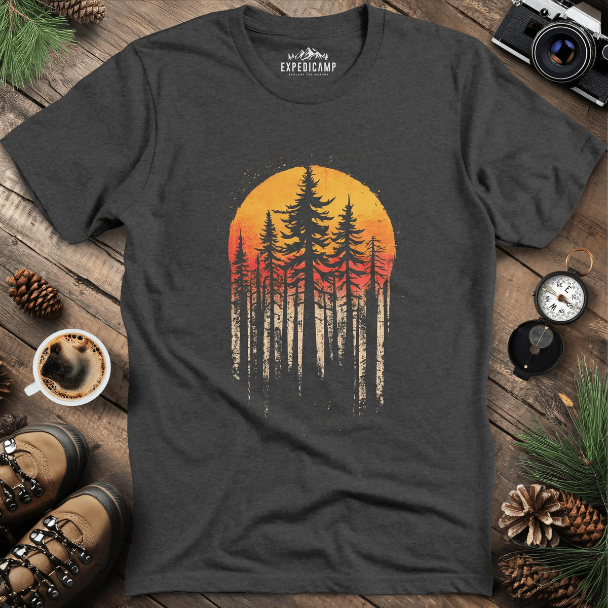 Sunset Forest T-Shirt – Dark Heather – Outdoor apparel for travel, hiking, camping, and nature lovers – ExpediCamp