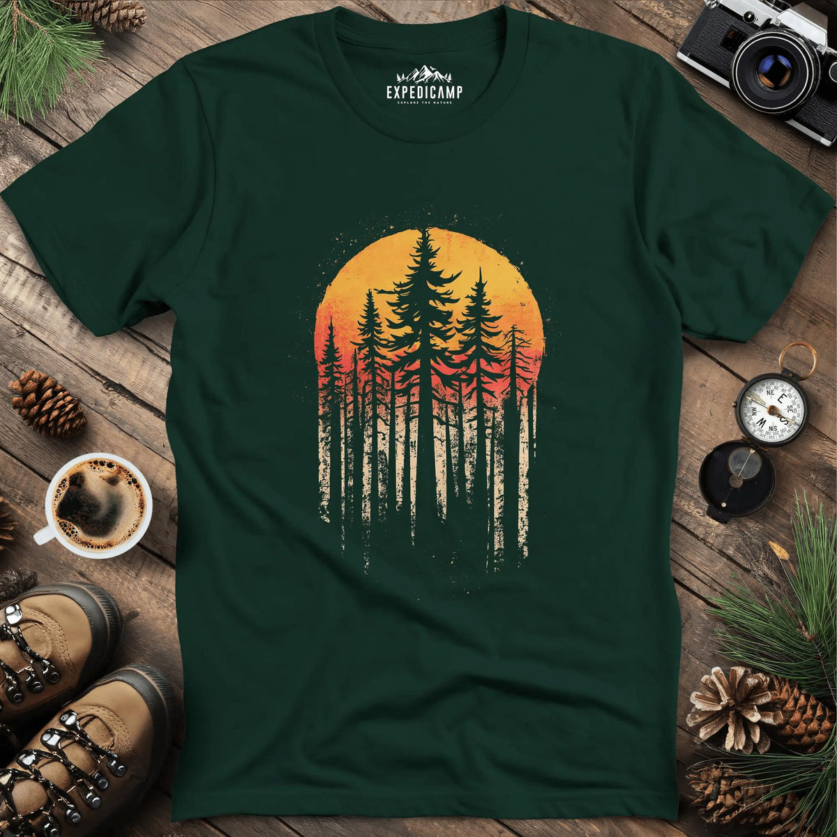 Sunset Forest T-Shirt – Forest Green – Outdoor apparel for travel, hiking, camping, and nature lovers – ExpediCamp