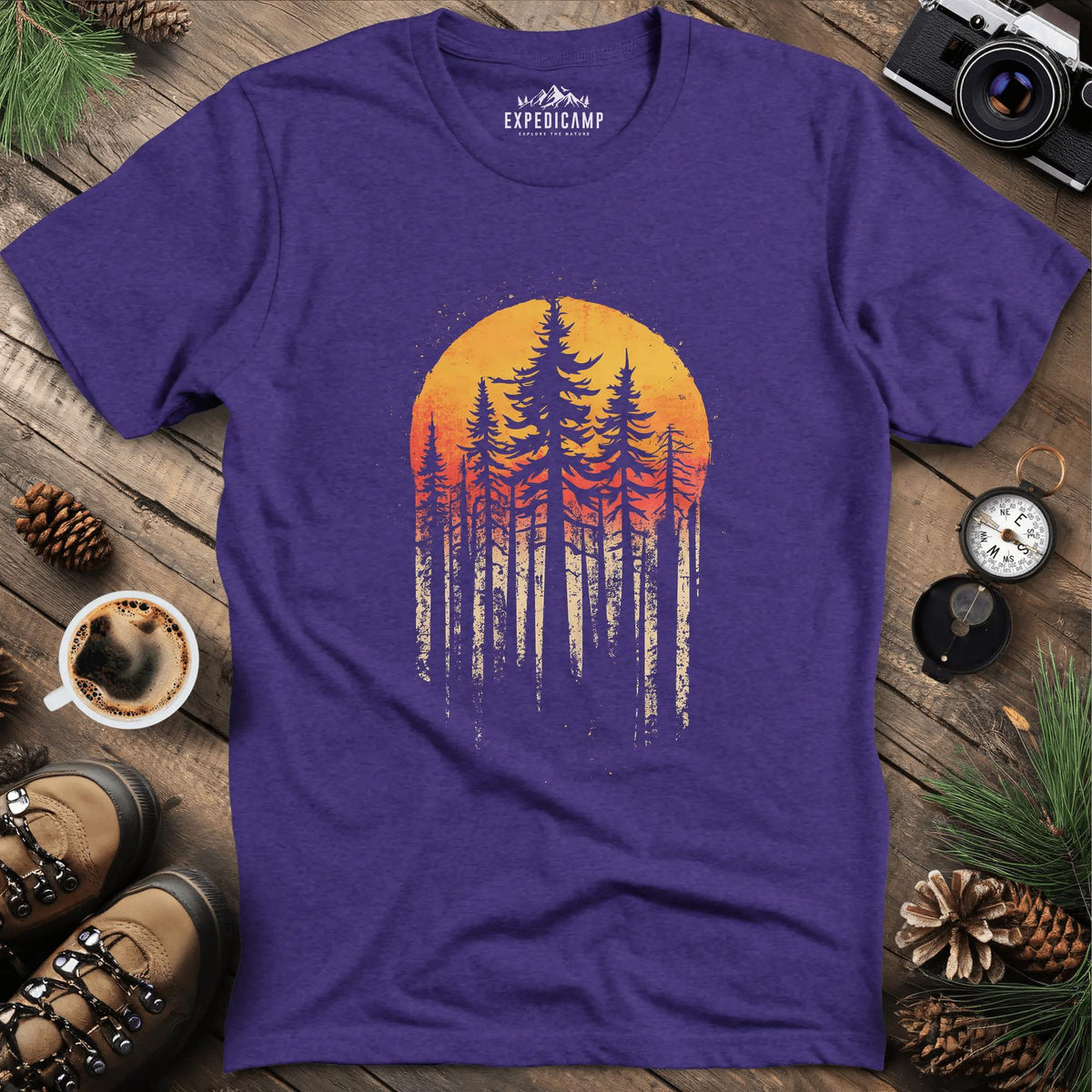 Sunset Forest T-Shirt – Heather Purple – Outdoor apparel for travel, hiking, camping, and nature lovers – ExpediCamp