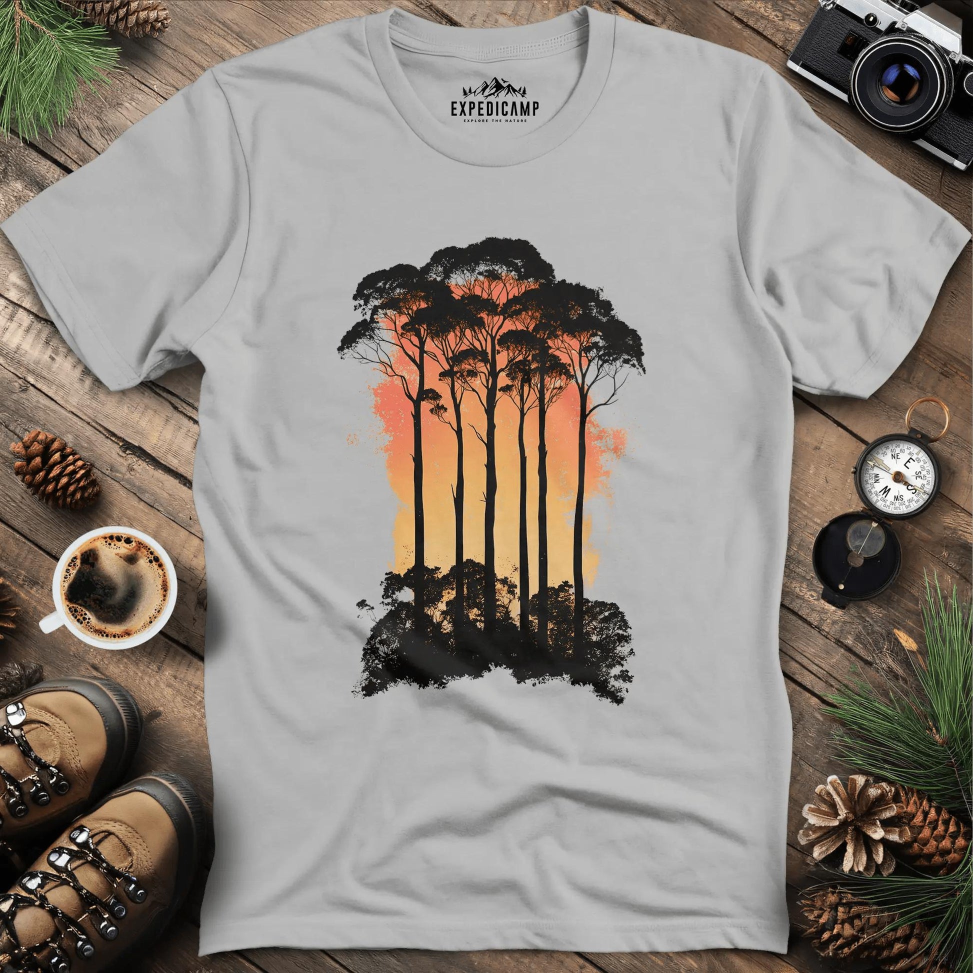Sunset Forest Trees T-Shirt – Ice Grey – Outdoor apparel for travel, hiking, camping, and nature lovers – ExpediCamp