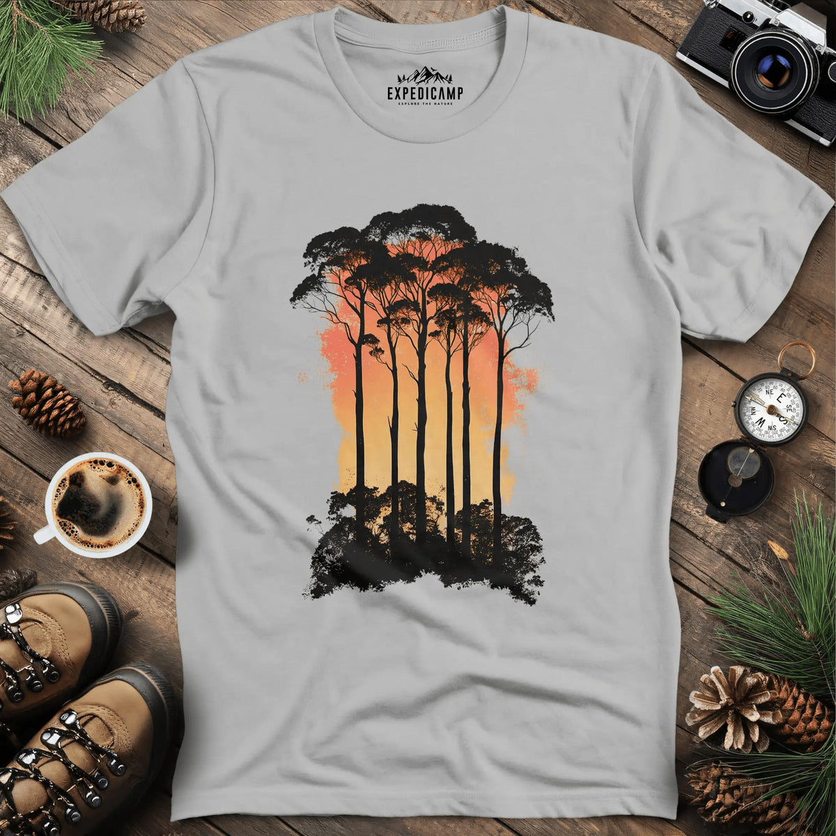 Sunset Forest Trees T-Shirt – Ice Grey – Outdoor apparel for travel, hiking, camping, and nature lovers – ExpediCamp