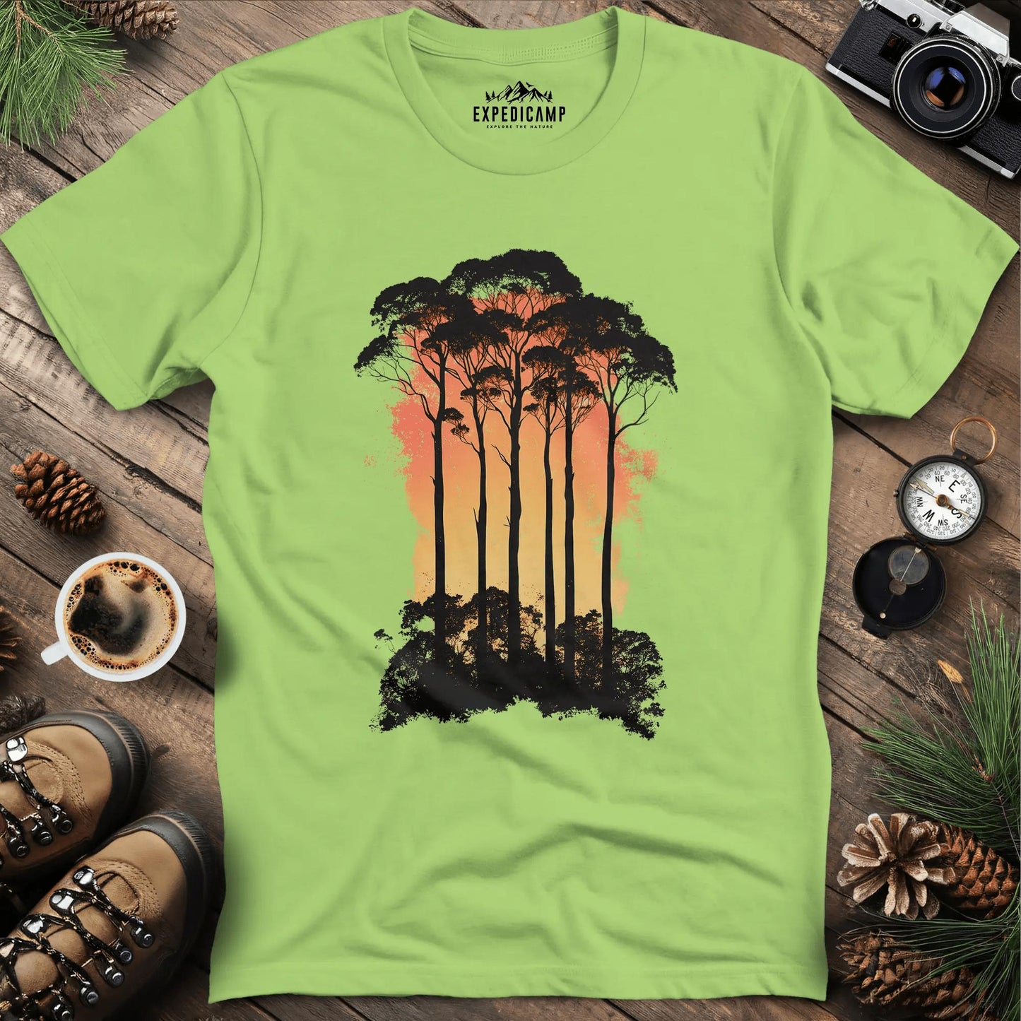 Sunset Forest Trees T-Shirt – Kiwi – Outdoor apparel for travel, hiking, camping, and nature lovers – ExpediCamp