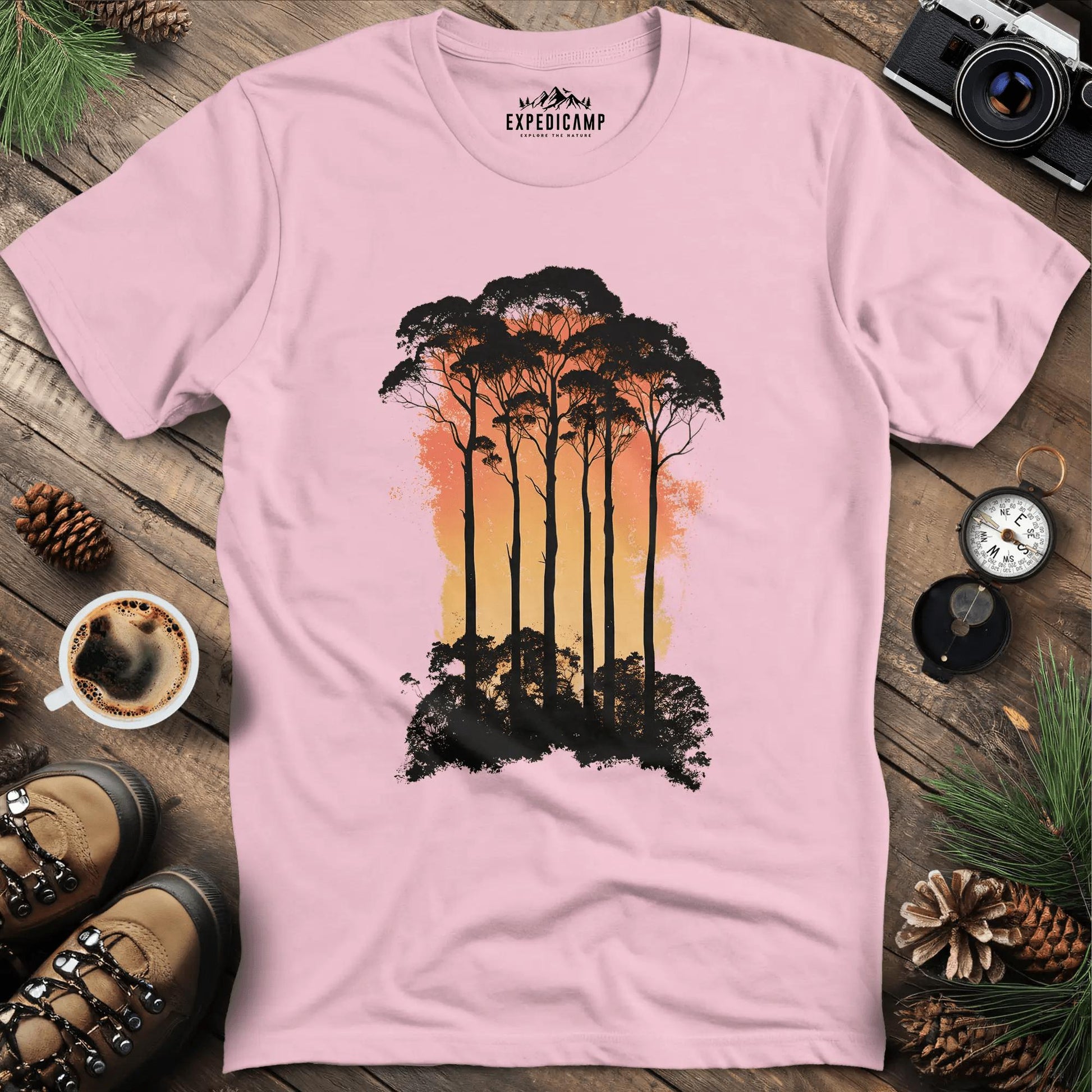 Sunset Forest Trees T-Shirt – Light Pink – Outdoor apparel for travel, hiking, camping, and nature lovers – ExpediCamp