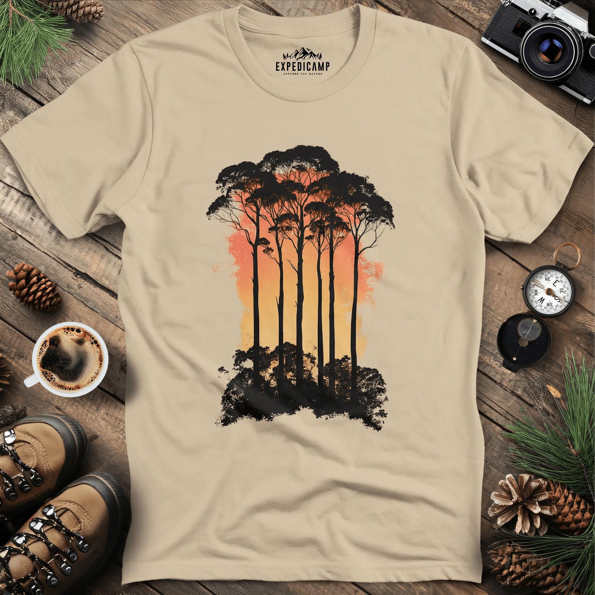 Sunset Forest Trees T-Shirt – Sand – Outdoor apparel for travel, hiking, camping, and nature lovers – ExpediCamp