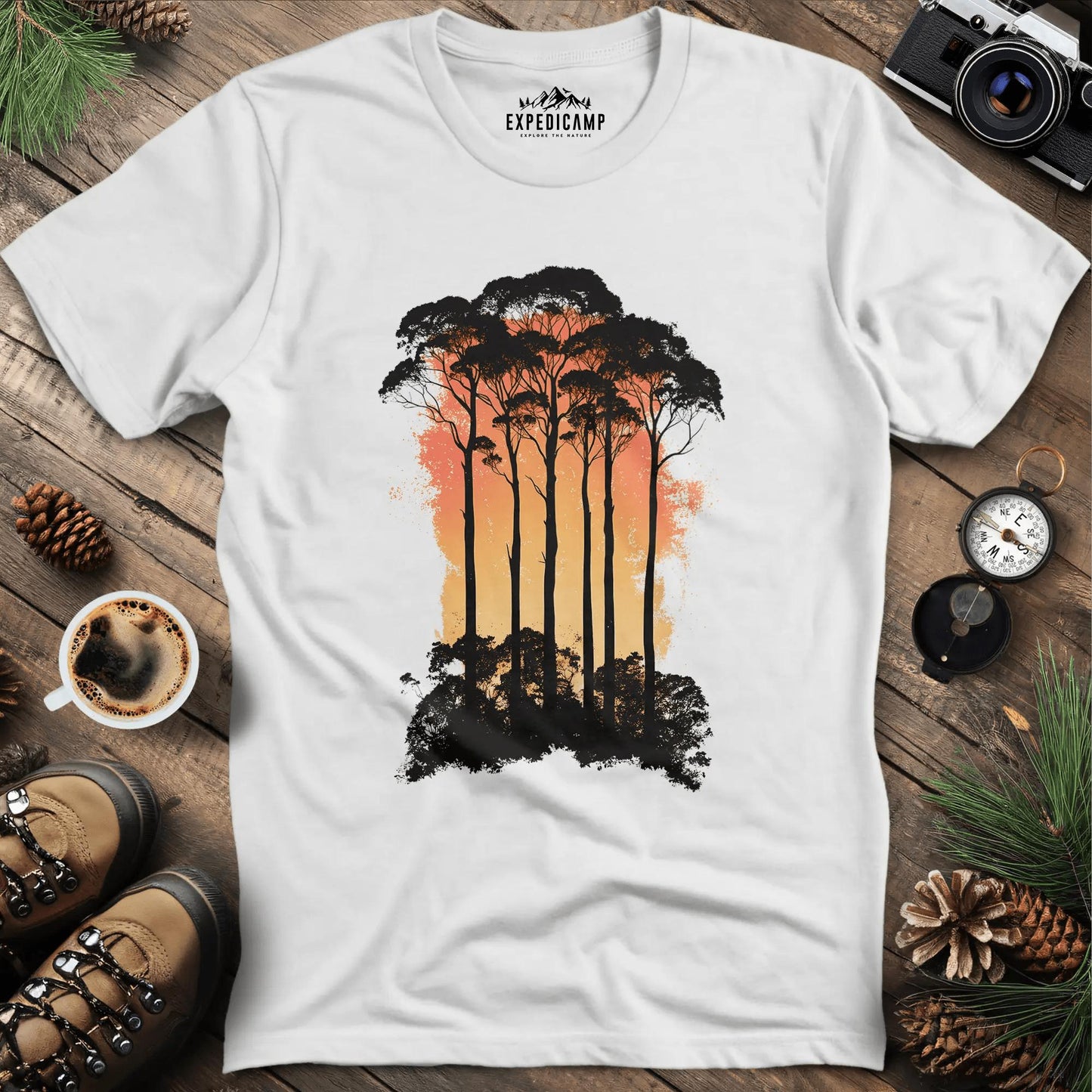 Sunset Forest Trees T-Shirt – White – Outdoor apparel for travel, hiking, camping, and nature lovers – ExpediCamp