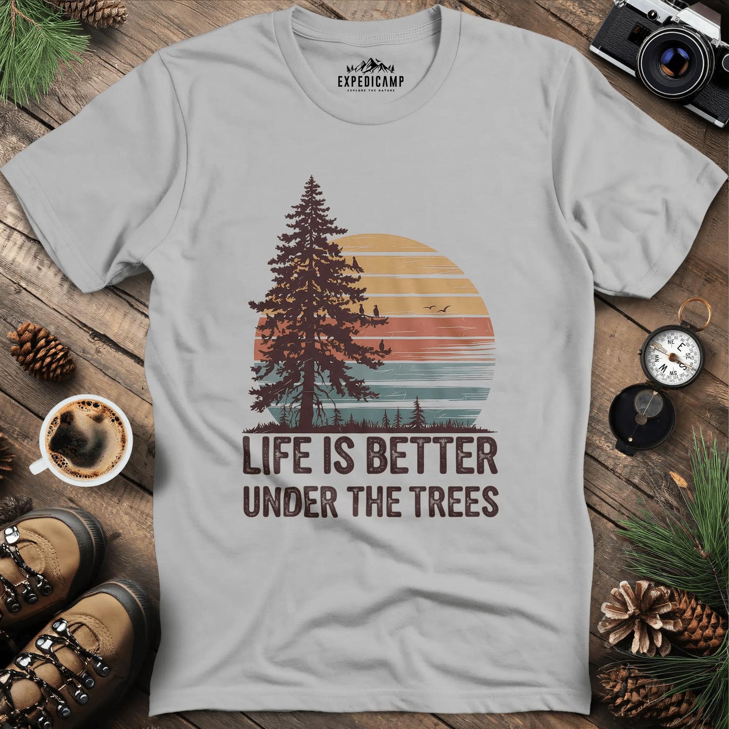 Sunset Life is Better Under the Trees T-Shirt – Ice Grey – Outdoor apparel for travel, hiking, camping, and nature lovers – ExpediCamp