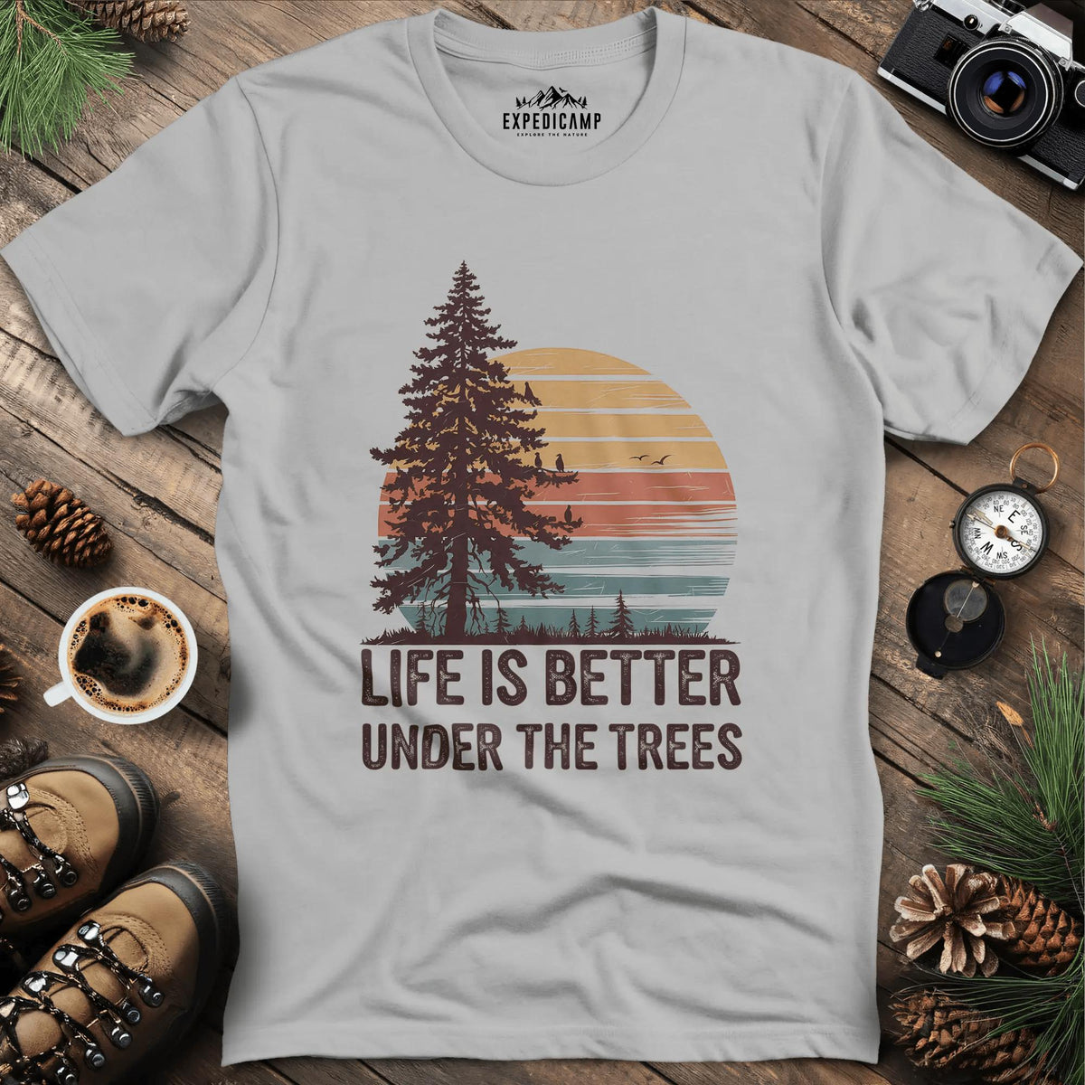 Sunset Life is Better Under the Trees T-Shirt – Ice Grey – Outdoor apparel for travel, hiking, camping, and nature lovers – ExpediCamp