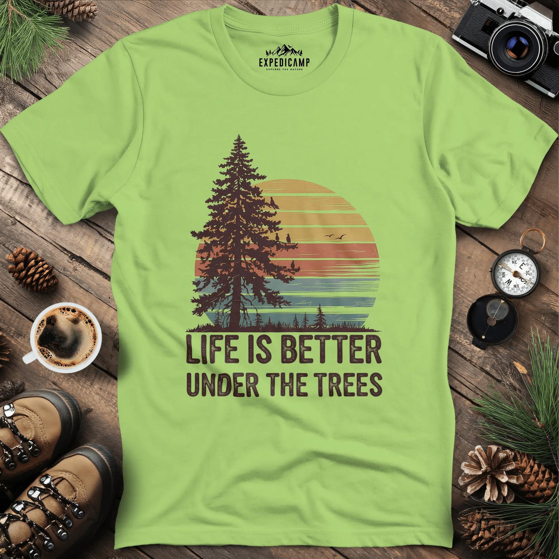 Sunset Life is Better Under the Trees T-Shirt – Kiwi – Outdoor apparel for travel, hiking, camping, and nature lovers – ExpediCamp