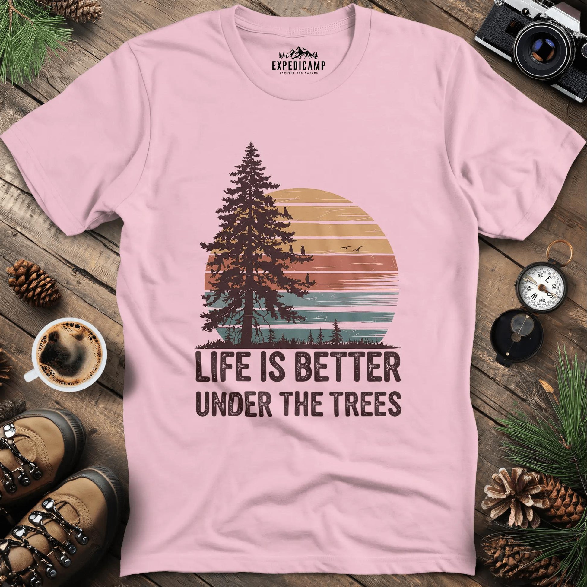 Sunset Life is Better Under the Trees T-Shirt – Light Pink – Outdoor apparel for travel, hiking, camping, and nature lovers – ExpediCamp